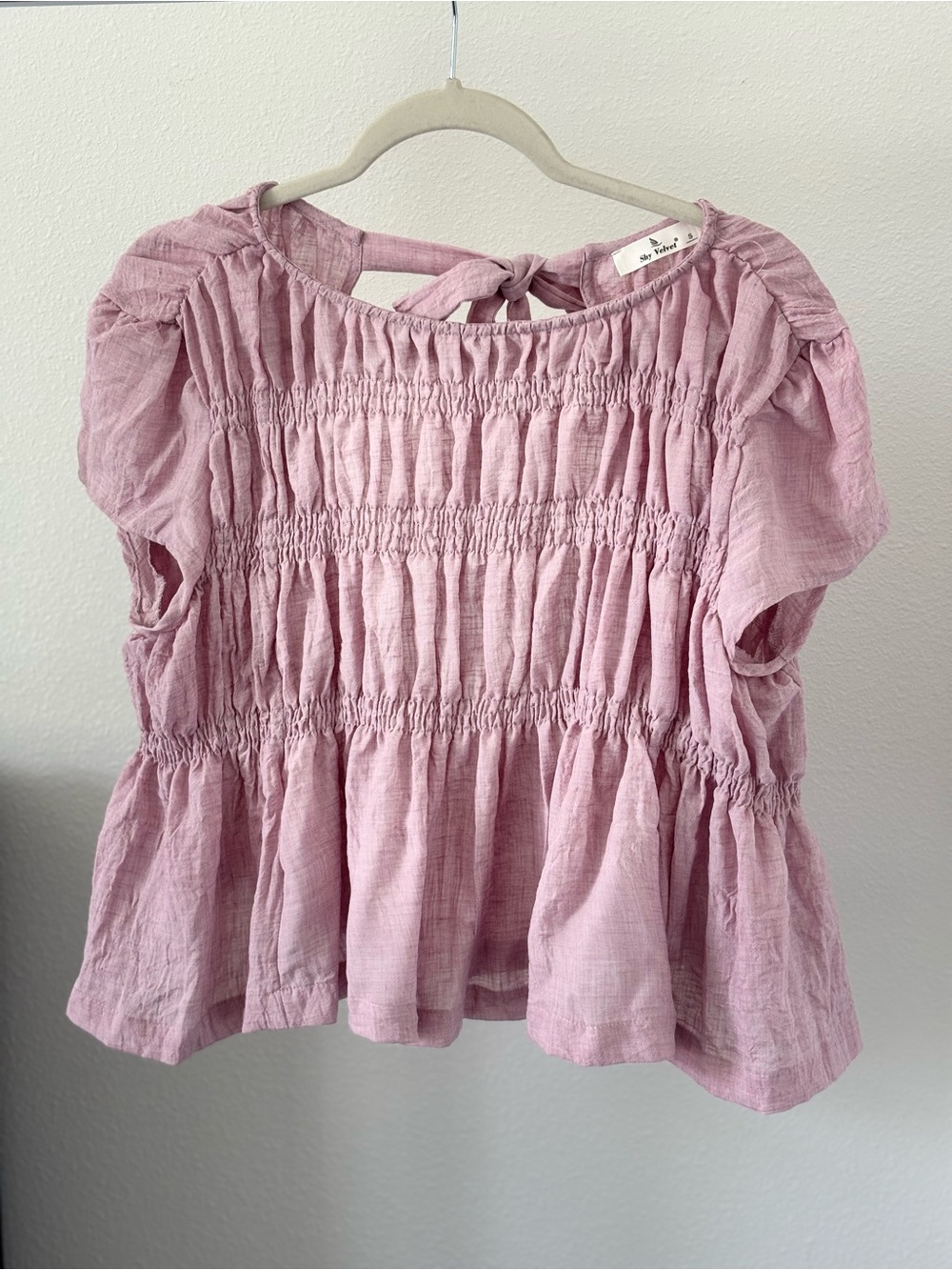 Velvet Light Pink Smocked Peasant Blouse ( NEVER USED)